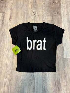 NWT Official Charli XCX Black Brat Crop Top Baby Tee Size M Hyperpop Y2K Rave